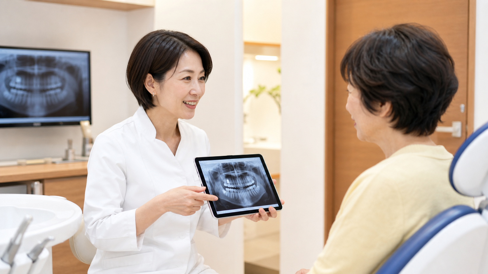 歯科医師が患者に画像を見ながら説明している様子